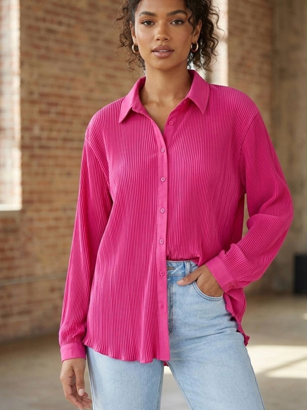 PrettyLittleThing Hot Pink Plissé Oversized Button Down Size 8